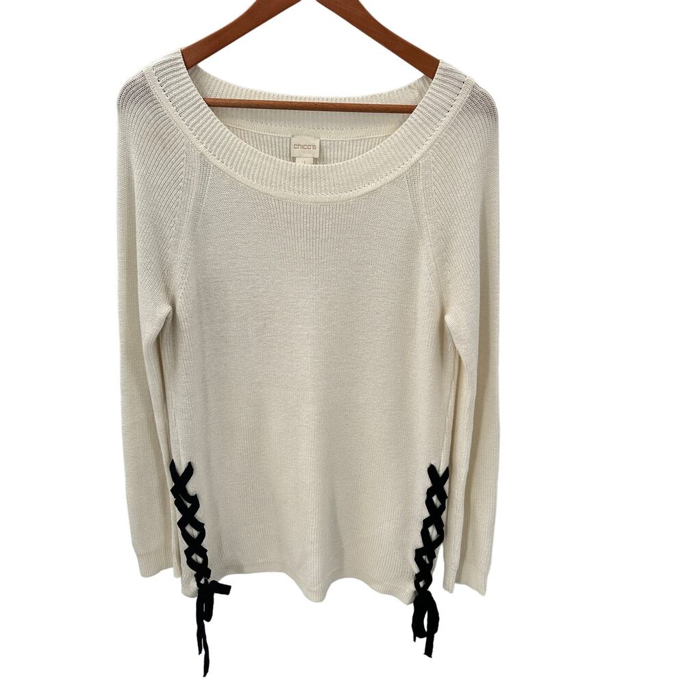 CHICO'S Ivory Crewnek Knit Black Tie Side Sweater // M